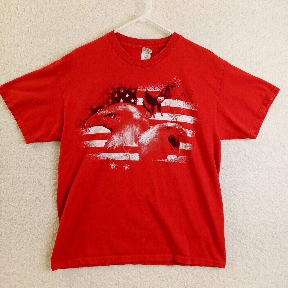 Alstyle Eagle and U.S. Flag T-Shirt Adult Large Short Sleeve‎ Red Cotton